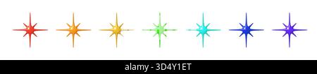 Icônes scintillantes en 3D avec brillance brillante et éclat scintillant. Étoiles 3D lumineuses et vecteur d'éclat dans le style arc-en-ciel Y2K. Eléments brillants Starburst avec Illustration de Vecteur