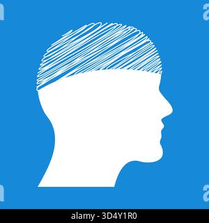 profil de tête humaine blanc sur fond bleu vif. Les lignes griffonnées sur l'esprit symbolisent le chaos créatif complexe de la pensée ou la santé mentale Illustration de Vecteur