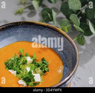 Nourriture, soupe de citrouille avec pesto vue de dessus Banque D'Images