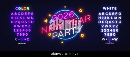 Cercle de néon avec lettrage de fête du nouvel an 2026, entouré d'accents d'étoile. Comprend des ensembles complets d'alphabet lumineux en deux styles. Illustration vectorielle Illustration de Vecteur
