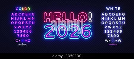 Lumineux Hello 2026 signe au néon au milieu, flanqué par des ensembles complets de couleurs éclatantes et de lettres blanches. Éléments de police modifiables pour une fête moderne Illustration de Vecteur