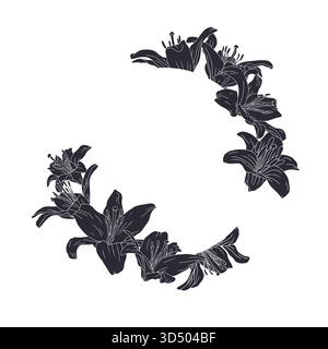 Silhouette noire dessinée à la main fleurs de lis ronde couronne. Cadre floral monochrome vintage pour modèle de cartes Illustration de Vecteur