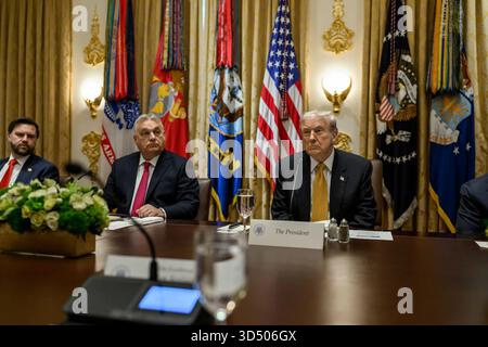 Le président Donald J. Trump organise un déjeuner-réunion bilatéral avec le premier ministre hongrois Viktor Orbán dans la salle du Cabinet de la Maison Blanche pour discuter de la sécurité énergétique, des sanctions pétrolières russes et de la coopération économique entre les États-Unis et la Hongrie, auxquels se sont joints de hauts responsables américains. Image reproduite avec l'aimable autorisation de la Maison Blanche. Banque D'Images