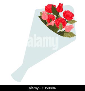 Un bouquet de roses enveloppé dans un emballage bleu doux. Roses rose clair et rouge vif dans du papier d'emballage. Illustration de Vecteur