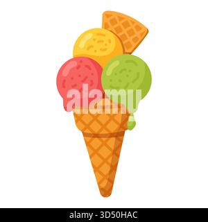 Cône de crème glacée coloré avec trois cuillères et texture de gaufre dans l'illustration vectorielle lumineuse Illustration de Vecteur