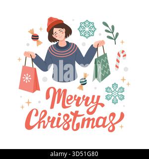 Noël, conception de carte de voeux joyeuses fêtes avec fille de style Manga tenant des sacs à provisions, cadeaux, cadeau. Joyeux Noël lettrage. Vente de Noël, illustration vectorielle d'achat. conception plate. Illustration de Vecteur