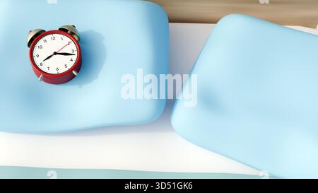 Un rendu 3D de petit réveil à double cloche repose sur une surface plane, un oreiller ou des éléments de literie moelleux, renforçant le thème du sommeil. Banque D'Images