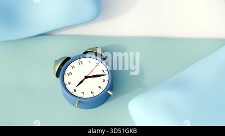 Un rendu 3D de petit réveil à double cloche repose sur une surface plane, un oreiller ou des éléments de literie moelleux, renforçant le thème du sommeil. Banque D'Images