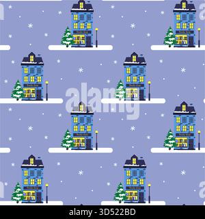 Un quartier charmant prend vie avec des maisons colorées et des arbres enneigés sous un ciel crépusculaire. Flocons de neige tombent doucement, créant un hiver confortable a Illustration de Vecteur