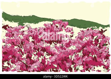 Peinture impressionniste de style croquis, fleurs de cerisier fleurissant en pleine floraison, image vectorielle d'illustration numérique Illustration de Vecteur