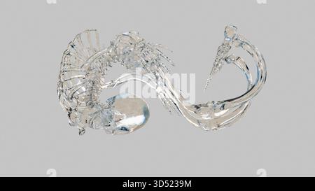 Un squelette humain fait de verre ou de cristal se courbe en forme de signe de l'infini, souple et plastique comme de la gelée. Absurdité visuelle, surréalisme et combinaison de contrastes incongrus, visualisation 3D. Banque D'Images