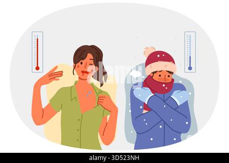 Les conditions météorologiques extrêmes causent des problèmes aux personnes souffrant du froid hivernal et de la chaleur estivale Illustration de Vecteur