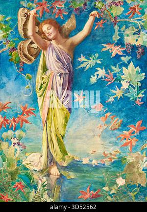 John la Farge - Autumn Scattering Leaves - (vers 1900) - L'œuvre est une représentation allégorique de la saison d'automne, mettant en vedette une figure féminine ailée dans une robe de style classique au milieu des feuilles tombantes. Il a été conçu à l'origine par la Farge comme une proposition de vitrail pour une maison privée sur long Island, ce qui expliquerait la composition et la qualité vibrante et translucide de l'aquarelle. Bien qu'un autre design ait finalement été choisi pour la fenêtre, la Farge a exposé cette aquarelle lyrique comme une œuvre indépendante de compris Banque D'Images