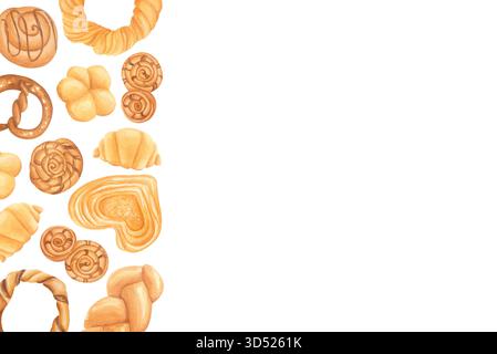 Bordure de boulangerie aquarelle avec pâtisseries. Hans-Drawn pain illustration clipart isolé sur blanc Banque D'Images