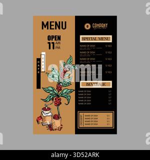 Savoureux modèle de menu de café avec des éléments dessinés à la main Illustration de Vecteur