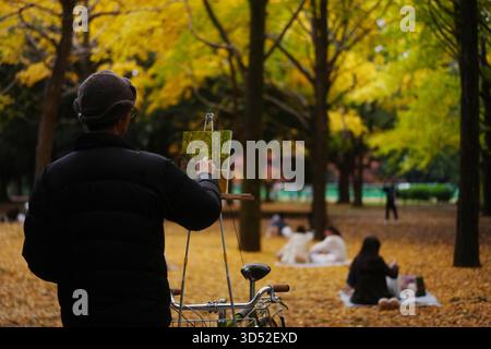 Tokyo, Japon. 13 novembre 2025. Un homme travaille sur une peinture au parc Yoyogi à Tokyo, Japon, 13 novembre 2025. Crédit : Jia Haocheng/Xinhua/Alamy Live News Banque D'Images