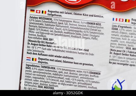 Allemagne - août 2025 : gros plan sur la liste des ingrédients de la baguette prête à cuire contenant des calories et des nutriments Banque D'Images