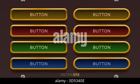Un ensemble de boutons brillants de style 3D avec des cadres dorés et des couleurs variées, idéal pour l'interface utilisateur du jeu ou la conception Web moderne. Illustration vectorielle Illustration de Vecteur