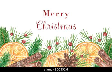 Bannière horizontale aquarelle de Noël. Bordure d'hiver de branches de sapin, avec des tranches d'orange, de baies, de cannelle et d'anis. Illustration dessinée à la main. Parfait pour les bannières, les modèles de cartes postales Banque D'Images
