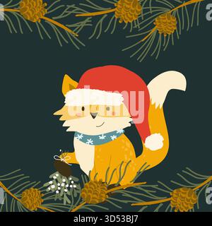 Joli renard de noël avec gui et bordure de cadre de branches de pin. Carte de Noël de dessin animé avec animal bébé mignon dans le chapeau de père noël. Illustration vectorielle dessinée à la main Illustration de Vecteur