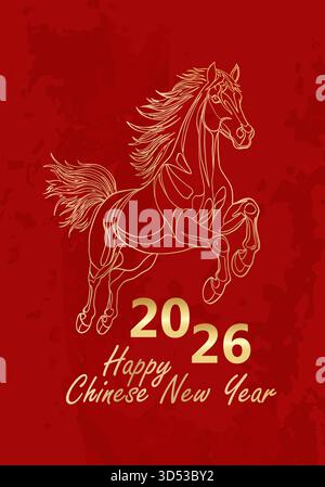 Modèle de bannière du nouvel an chinois 2026 du cheval de feu rouge avec Modern Line Art Golden Horse sur fond rouge. Carte de vœux de joyeuses fêtes Illustration de Vecteur