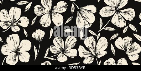 Feuilles branche et main dessinées doodle Scribble bannière de plantes florales, modèle sans couture. Fond d'art abstrait minimaliste créatif Illustration de Vecteur