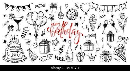 grand ensemble d'objets de dessin animé doodle dessinés à la main et de symboles sur la fête d'anniversaire. concevoir une carte de voeux et une invitation de vacances Illustration de Vecteur