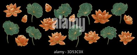 Collection d'art de ligne de fleurs de nénuphar et de feuilles, fleurs de lotus isolées clip arts Ensemble de belle fleur de lotus monochrome, noir et blanc isolé. Illustration de Vecteur