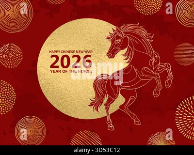 Modèle de bannière du nouvel an chinois 2026 du cheval de feu rouge avec Modern Line Art Golden Horse sur fond rouge. Carte de vœux de joyeuses fêtes Illustration de Vecteur
