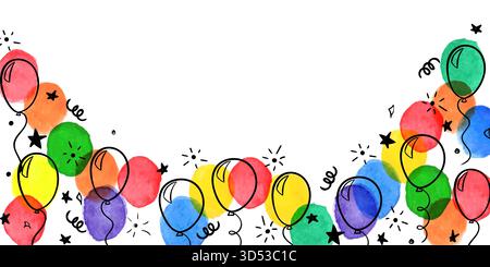 bannière d'anniversaire. encadrez les symboles de ballons d'aquarelle dessinés à la main de dessin animé de la fête d'anniversaire. concevoir la carte de voeux de vacances et l'invitation d'anniversaire Illustration de Vecteur