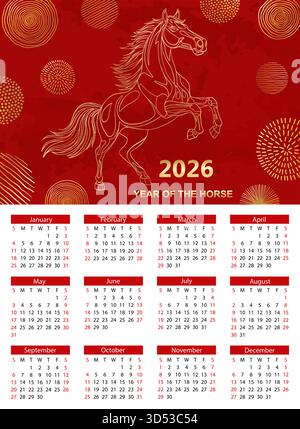 Calendrier 2026. 12 mois, à partir du dimanche. Calendrier rouge horizontal 2026 nouvel an chinois du modèle de bannière de cheval de feu rouge avec ligne moderne Illustration de Vecteur