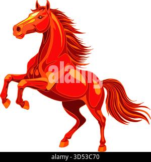 Bright Fire Horse dans une pose dynamique. Symbole du nouvel an chinois 2026. Rouge, orange et jaune cheval en cours d'exécution rapide. Élément de conception pour cartes, Illustration de Vecteur