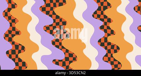Motif abstrait groovy à carreaux avec des rayures ondulées déformées en orange, lavande et blanc. Fond de damier groovy avec des formes rétro fluides Illustration de Vecteur