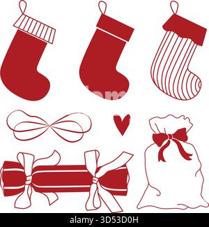 Collection de Noël de noeuds rouges, cadeaux et bas dans le style doodle d'art au trait Illustration de Vecteur