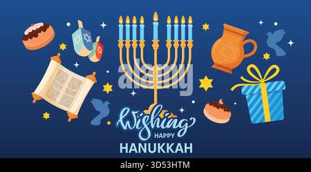 Happy Hanukkah, bannière traditionnelle juive de vacances d'hiver avec des symboles festifs, beignets, pot d'huile, Menorah, rouleau Torah, et des cadeaux. Bon pour saluer Illustration de Vecteur