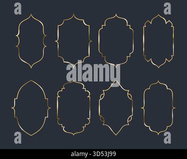 Cadres en or arche arabe avec des motifs géométriques islamiques pour la conception ornementale ou les bordures décoratives. Silhouettes élégantes orientales de fenêtres de mosquées et architecture traditionnelle du moyen-Orient. Illustration de Vecteur