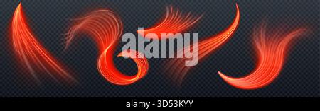 Jeu de lumière de traînée d'évasement rouge avec des lignes d'onde de néon sur fond transparent. Traînées de mouvement courbes brillantes de différentes formes avec des effets d'énergie dynamiques pour la vitesse, la magie ou la conception technologique futuriste. Illustration de Vecteur