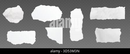 Découpe de papier carnet déchiré avec bords déchirés sur fond transparent. Fragments de feuilles blancs à carreaux et doublés de différentes formes. Rebuts de note réalistes pour la conception de message, de rappel ou de scrapbook Illustration de Vecteur