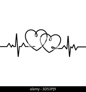 Une illustration minimaliste en noir et blanc représente deux coeurs entrelacés créés à partir d'une seule ligne continue représentant un battement de cœur. Illustration de Vecteur