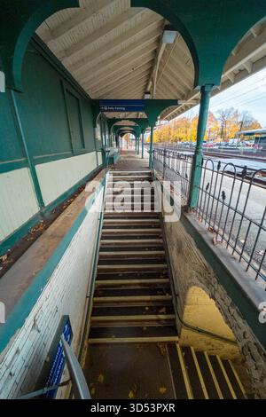 Devon Station. Un escalier long et étroit menant à une plate-forme. L'escalier est en bois et recouvert de feuilles Banque D'Images