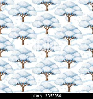 Motif sans couture avec des arbres couverts de neige peints dans un style aquarelle doux. Idéal pour les fonds d'hiver, papier d'emballage, tissu, cartes de vœux Banque D'Images