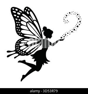 Une silhouette noire d'une fée avec de grandes ailes de papillon, en plein vol, traînant des étoiles étincelantes. Illustration de Vecteur