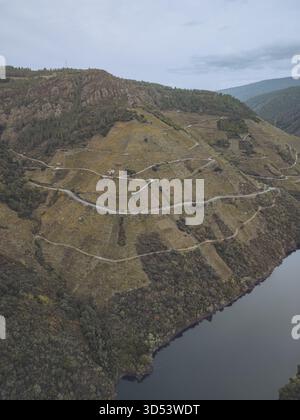 Vue aérienne des vignobles en terrasses descendant les collines abruptes pour rejoindre la paisible rivière en contrebas, créant une tapisserie de bruns terreux et de bleus profonds Banque D'Images