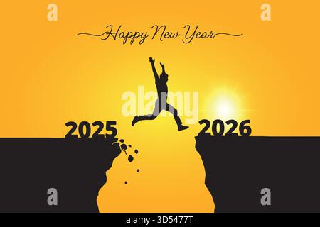 Une silhouette d'une personne joyeuse sautant de l'année 2025 à 2026 par-dessus un gouffre, signifiant espoir, progrès, et un nouveau départ Illustration de Vecteur