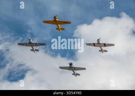MONROE, Caroline du Nord (États-Unis) - 9 novembre 2025 : quatre avions T-6 Texan de la seconde Guerre mondiale volent en formation au Warbirds Over Monroe Air Show. Banque D'Images