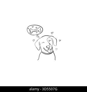 Dessin minimaliste d'une ligne d'un chien heureux rêvant d'un os, illustration moderne d'art pour animaux de compagnie, conception de ligne continue simple sur fond blanc. Banque D'Images