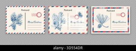 Cartes postales de Noël vintage avec des illustrations de branches de pin gravées. Modèles vectoriels Illustration de Vecteur