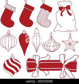 Collection dessinée à la main de Noël de cadeaux emballés avec des noeuds, des ornements de Noël et des bas dans le style d'art de ligne de doodle de couleur rouge Illustration de Vecteur