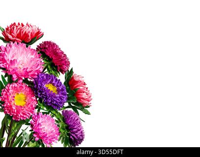 Bouquet d'asters multicolores lumineux, disposition en coin. Élément pour créer collage ou design, cartes postales, invitations. Banque D'Images