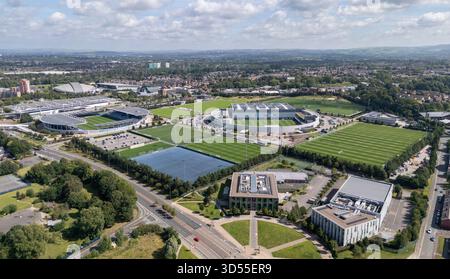 Vue aérienne panoramique du campus d'Etihad, centre d'entraînement du Manchester City FC, Manchester, Royaume-Uni. Banque D'Images